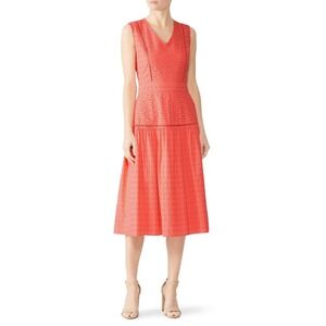 Draper James Coral Pink Eyelet Cotton Midi Dress V-Neck Sleeveless Size 2 Preppy